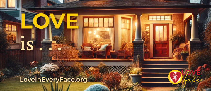 Warmly lit house at night with the words Love Is as the title