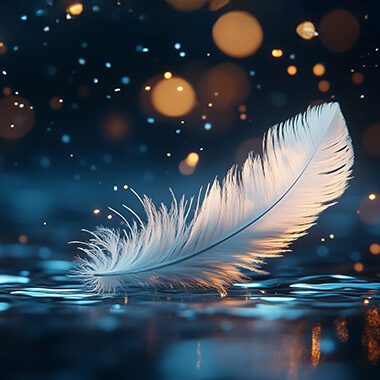 Feather floating on water with sparkles of light orbs