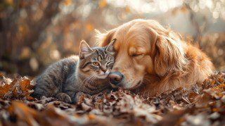 Cat and dog loving each other