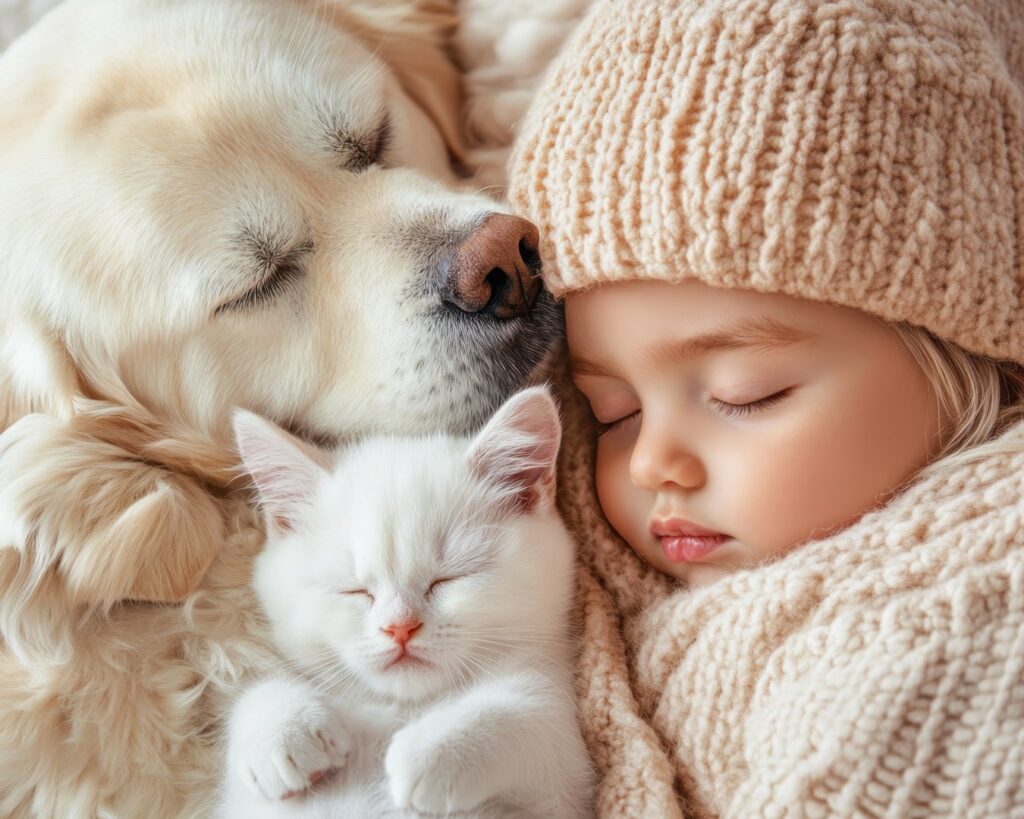 Baby, dog and cat snuggling together