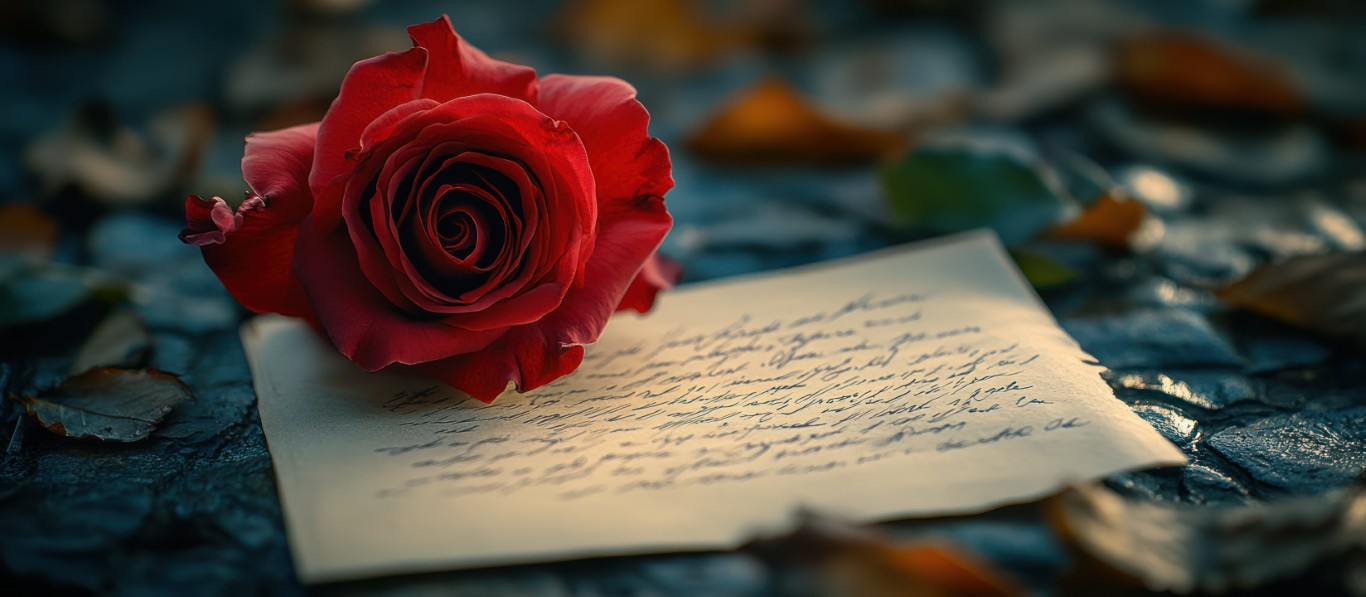 A single deep red rose rests gently on a handwritten letter, with soft natural light illuminating the delicate petals and inked script. Fallen autumn leaves and a cobblestone surface create a peaceful, reflective setting