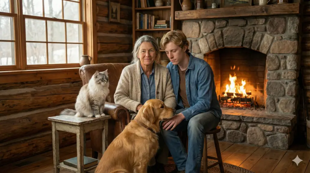Caleb and Olive sitting beside a crackling stone fireplace in A Quiet Path, petting Winston the golden retriever while Grace the cat perches nearby on a small wooden table.