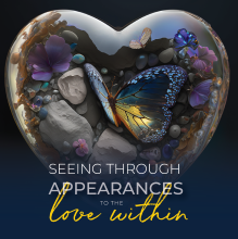 The Love Within: A heart-shaped vignette filled with serene nature elements, including a vibrant blue butterfly, purple flowers, and smooth stones, with the phrase 'Seeing Through APPEARANCES to the Love within' elegantly inscribed below.