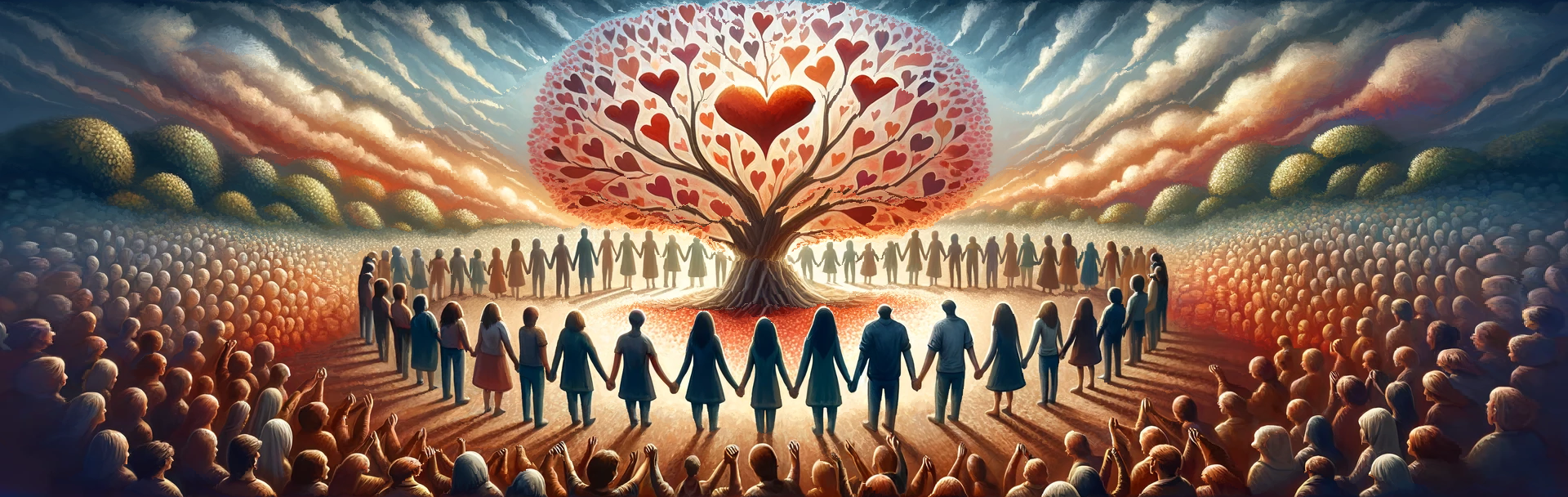 Two groups of people with interlocked hands standing in a circle around a tree filled with hearts. The image symbolize Love and Unity.