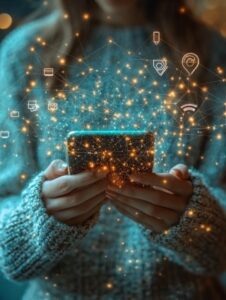 Young girl uploading photos on her mobile phone