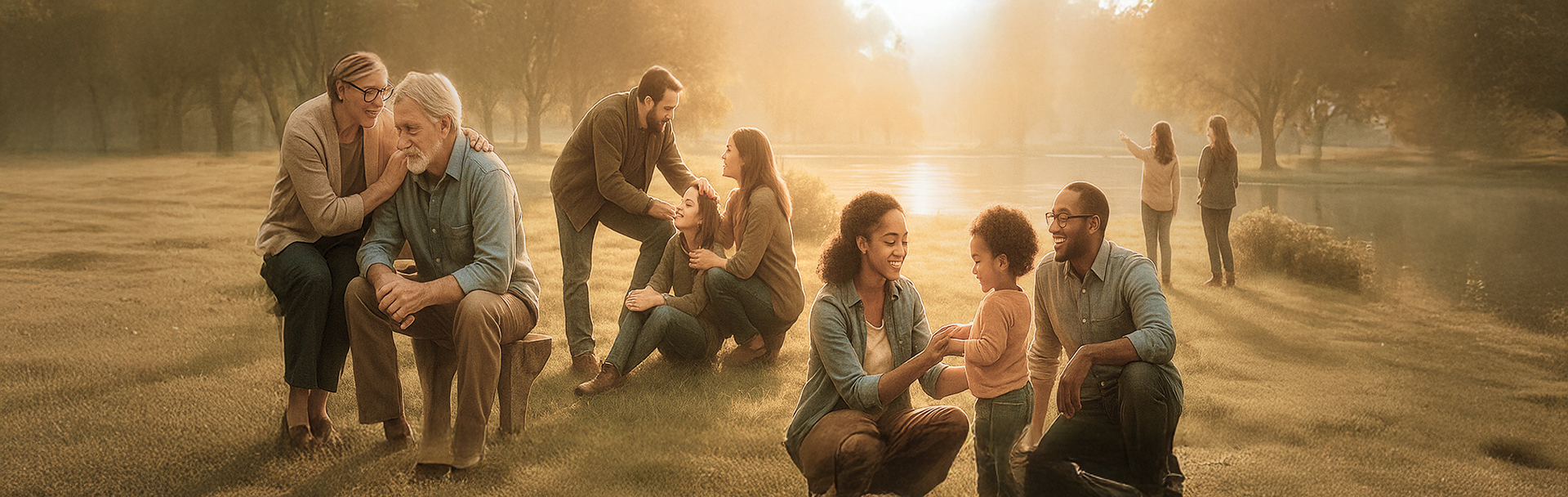 Diverse people connecting in nature—laughing, helping, and sharing quiet moments together.